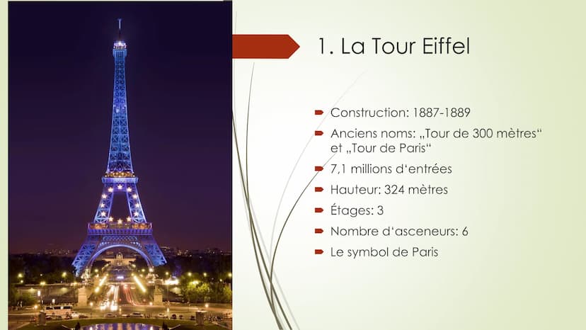 Sites à Paris
ENE 1. La Tour Eiffel
Ouverture: 31 mars 1889, edifiée
pour l'Exposition universelle qui
devait célébrer le centenaire de la
R