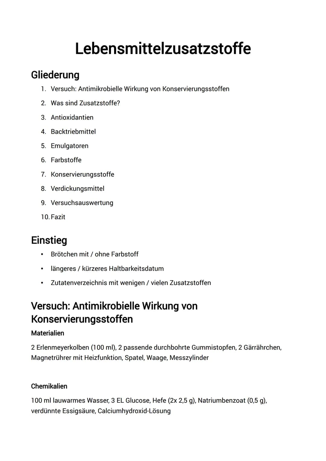 Antimikrobielle Wirkung von
Konservierungsstoffen
2 Erlenmeyerkolben (100 ml), 2 passende durchbohrte Gummistopfen, 2 Gärrährchen,
Magnetrüh