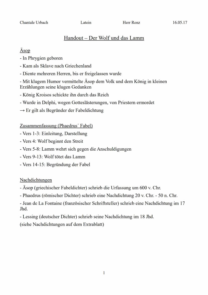Chantale Urbach
Latein
Herr Renz
Übersetzung – Der Wolf und das Lamm
Phädrus
Zum selben Bach waren Wolf und Lamm gekommen,
Vom Durst getrieb