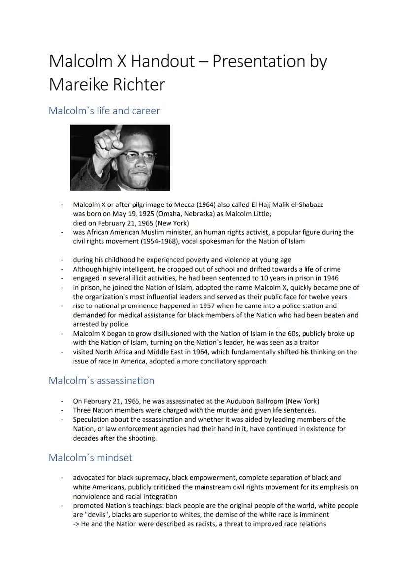 MALCOLM X
Presentation by Mareike Richter Malcolm X - Presentation by Mareike
Richter
Malcolm's life and career
Malcolm X or after his pilgr