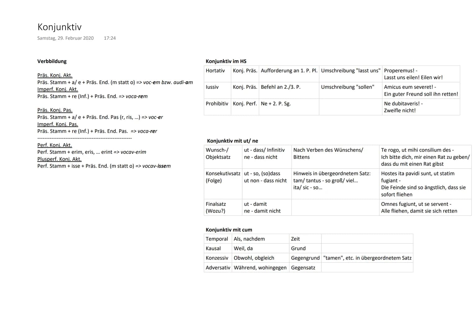Konjunktiv
Samstag, 29. Februar 2020 17:24
Verbbildung
Präs. Konj. Akt.
Präs. Stamm + a/e + Präs. End. (m statt o) => voc-em bzw. audi-am
Im