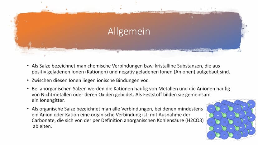 Salze
Chemie 1 Allgemeines
Als Salze bezeichnet man chemische Verbindungen bzw. kristalline
Substanzen, die aus positiv geladenen lonen (Kat