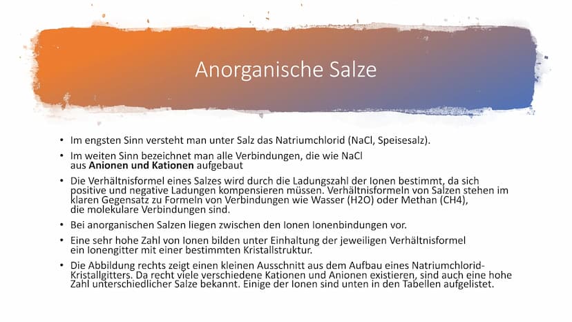 Salze
Chemie 1 Allgemeines
Als Salze bezeichnet man chemische Verbindungen bzw. kristalline
Substanzen, die aus positiv geladenen lonen (Kat