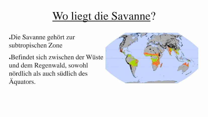 Die Savanne Ich Stelle euch heute die Savanne vor in sechs Stichpunkten:
Gliederung
.Wo liegt die Savanne?
.Savannetypen
.Das Klima
.Die Veg