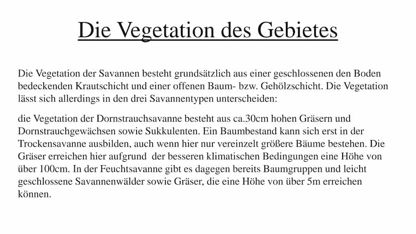 Die Savanne Ich Stelle euch heute die Savanne vor in sechs Stichpunkten:
Gliederung
.Wo liegt die Savanne?
.Savannetypen
.Das Klima
.Die Veg