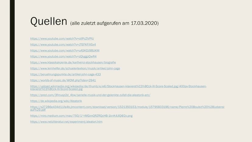 ALEATORIK
(LAT. ALEA ,WÜRFEL, RISIKO, ZUFALL") Definition
eine 1951 entstandene Musikrichtung der Neuen Musik
■ ein Kompositionsverfahren, d