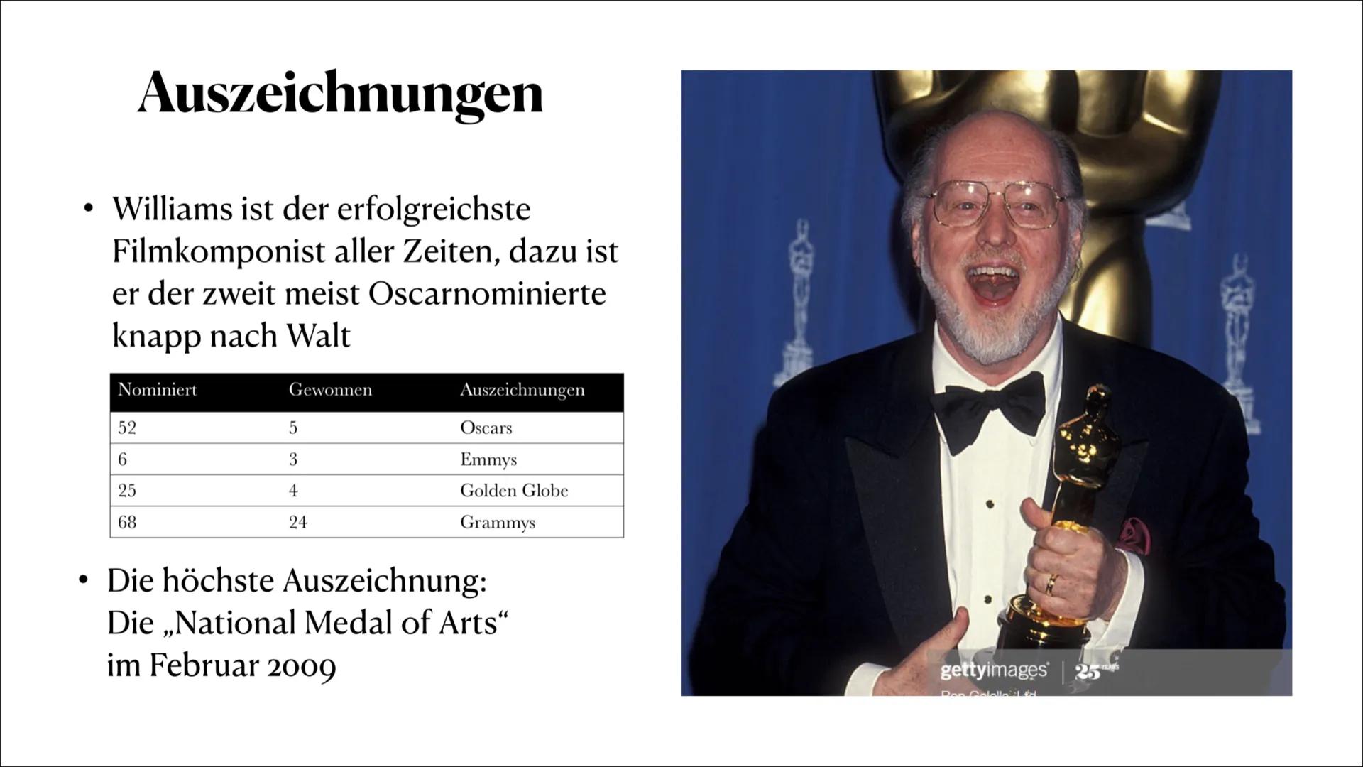 Zauszeichnungen
John Williams ist der erfolgreichste Filmkomponist aller Zeite
Dazu wurde niemand nach Walt Disney so oft für einen Osca
nom