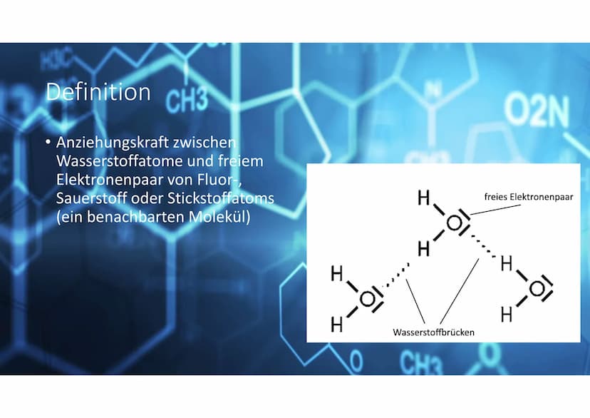 CH3
Wasserstoffbrücken
NO
OH
CH3
O
02N Definition CH3
●
• Anziehungskraft zwischen
Wasserstoffatome und freiem
Elektronenpaar von Fluor-,
Sa