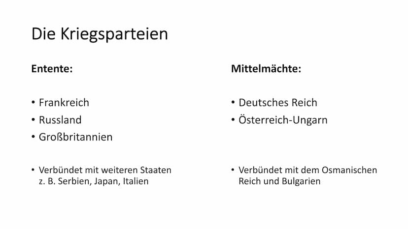 Der 1. Weltkrieg
1914-1918 Gliederung
Zahlen und Fakten
Hintergründe und Auslöser
• Die Kriegsparteien
• Verlauf des Krieges
Krieg im Westen