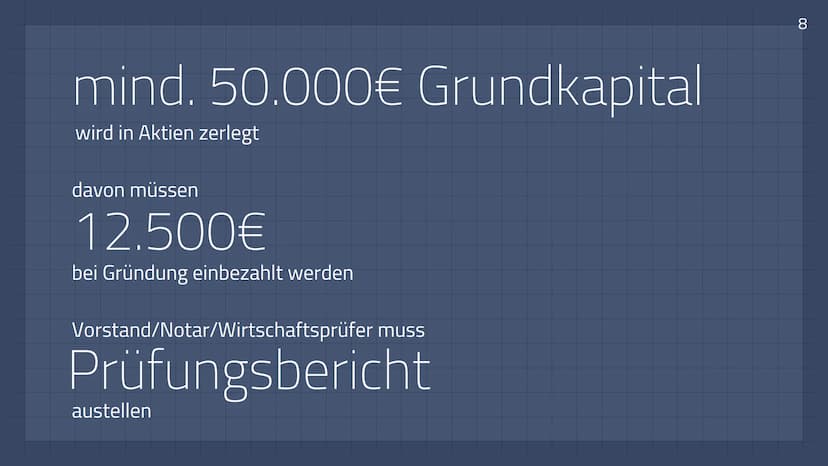 Aktiengesellschaft
1 Allgemeines & Überblick
●
●
2 Gründung einer AG
1. Vorgründergesellschaft (Festellung der Satzung gem. § 23 AktG
2. Vor