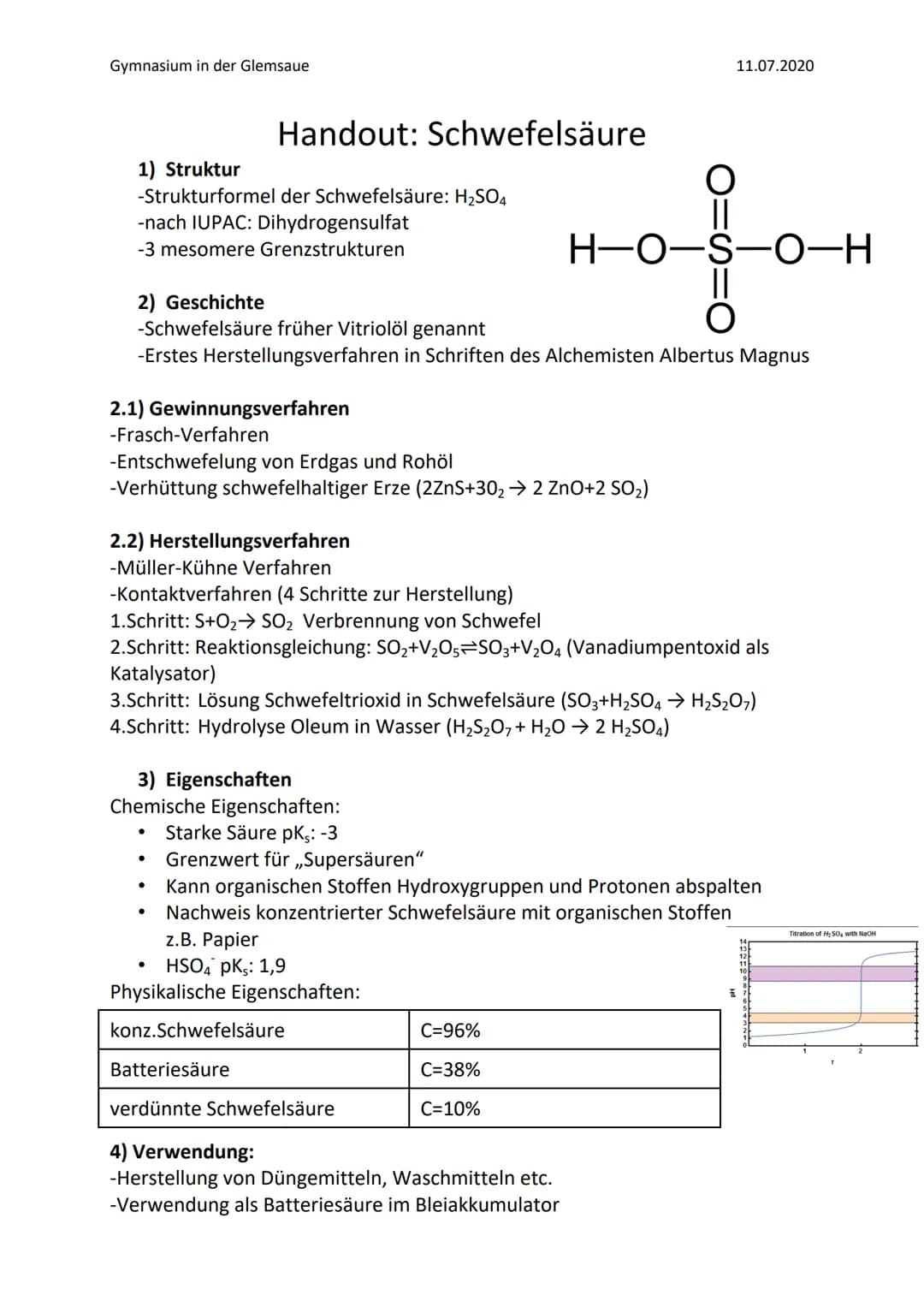 Gymnasium in der Glemsaue
1) Struktur
-Strukturformel der Schwefelsäure: H₂SO4
-nach IUPAC: Dihydrogensulfat
-3 mesomere Grenzstrukturen
2.1