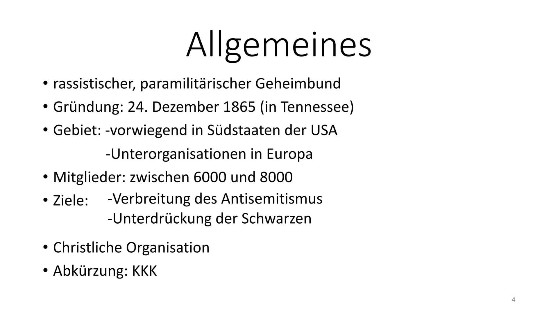 Namensherkunft: griech.: kyklos-Kreis und kelt.:klan=Familie
Allgemeines
●
Der Ku-Klux-Klan - Ein rassistischer Geheimbund
Handout
●
●
rassi