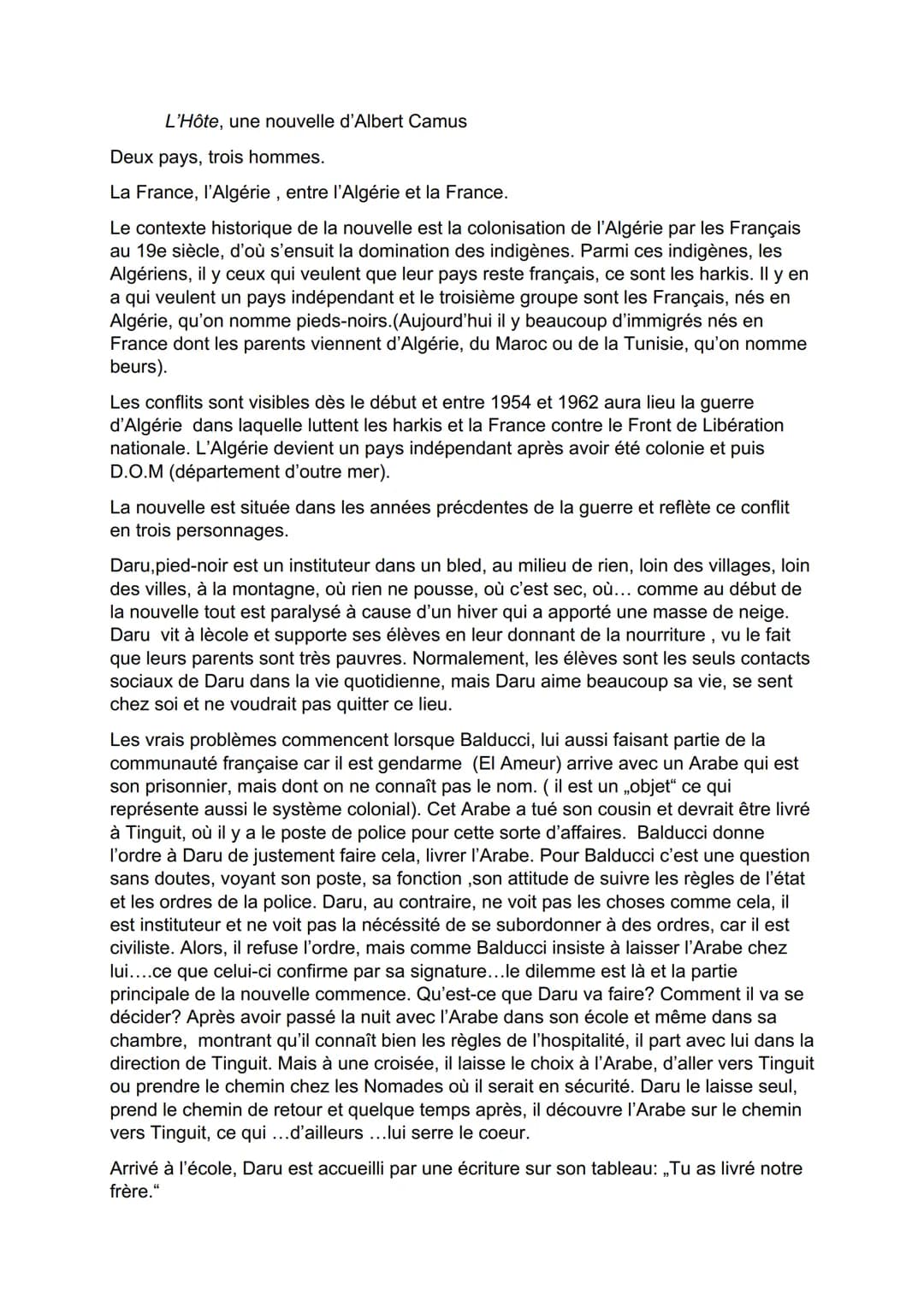 L'Hôte, une nouvelle d'Albert Camus
Deux pays, trois hommes.
La France, l'Algérie, entre l'Algérie et la France.
Le contexte historique de l