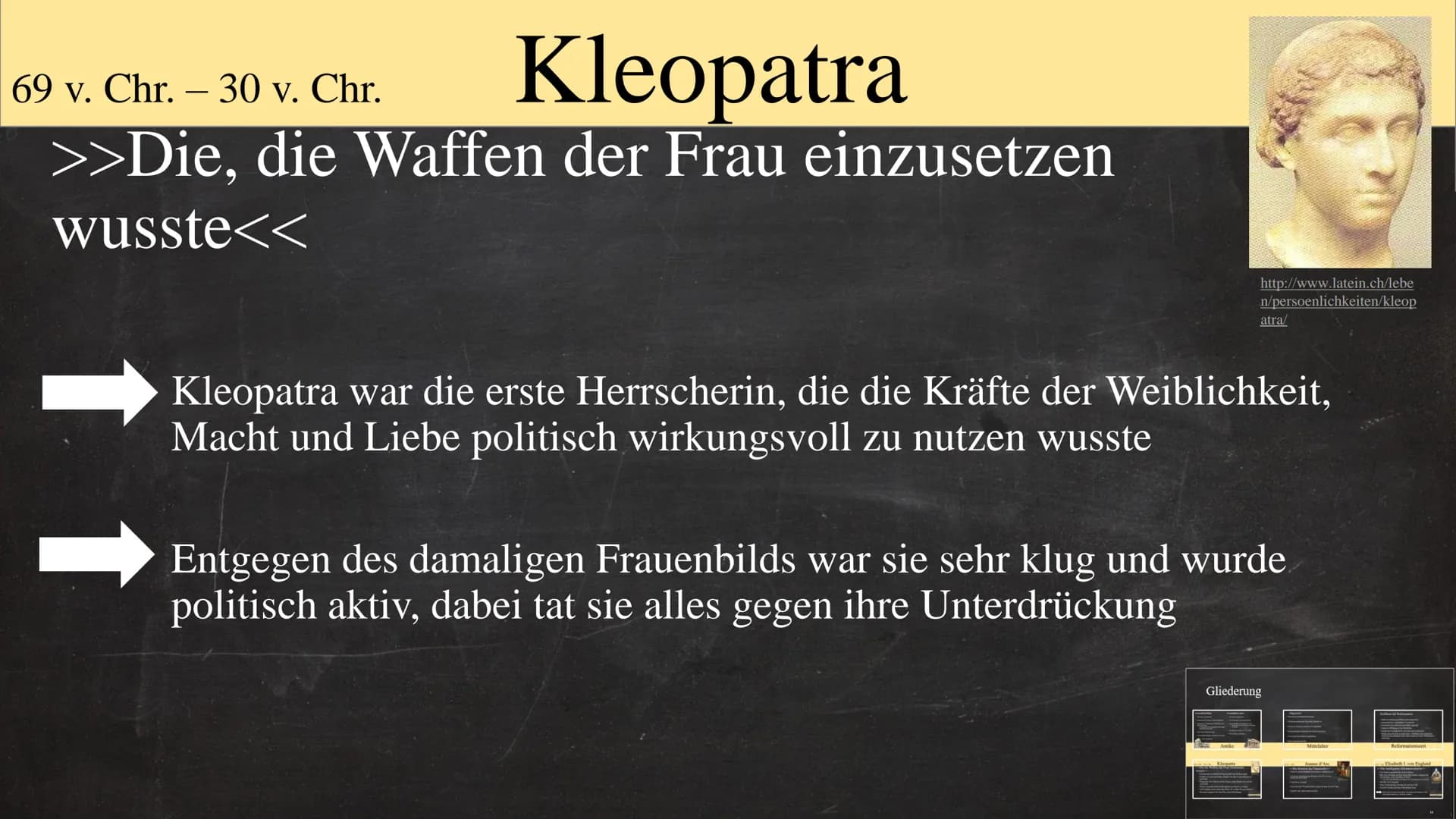 GFS-Geschichte
Antike
Kleopatra
- Mann
Wie und Wann begann die Emanzipation der Frau?
Die Rolle der Frau im Längsschnitt
Mittelalter
Jeanne 