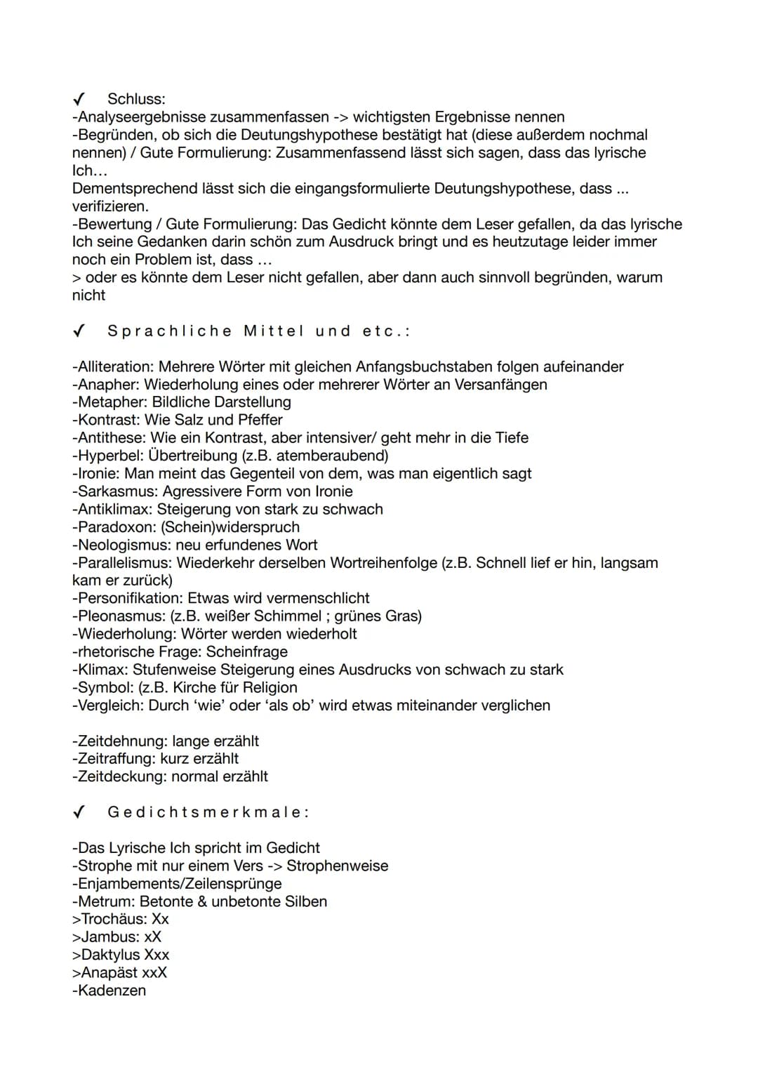 GEDICHTE ANALYSIEREN
Aufbau:
✓ Einleitung:
-umfasst TATTE / guter Einleitungssatz: Das vorliegende Gedicht namens „XY", das von
XY im Jahre 