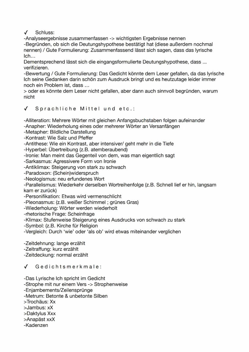 GEDICHTE ANALYSIEREN
Aufbau:
✓ Einleitung:
-umfasst TATTE / guter Einleitungssatz: Das vorliegende Gedicht namens „XY", das von
XY im Jahre 