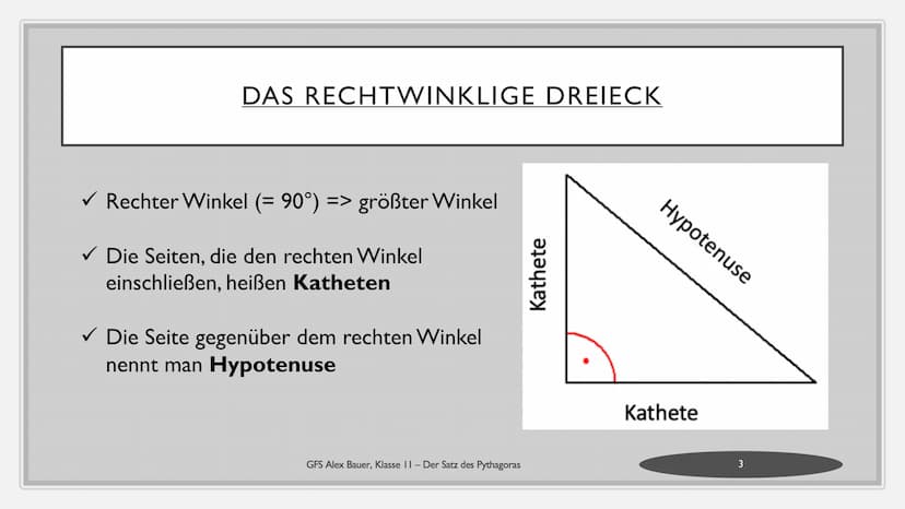 
<h2 id="dasrechtwinkligedreieck">Das rechtwinklige Dreieck</h2>
<p>Ein rechtwinkliges Dreieck hat einen Winkel von 90° und die Seiten, die 