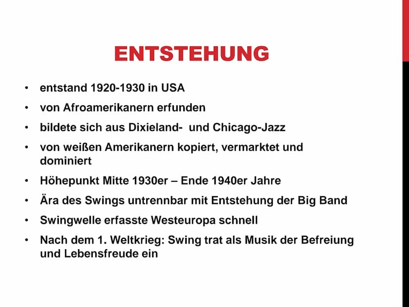 SWING GLIEDERUNG
Entstehung
Merkmale
Vertreter und Stücke ●
●
●
●
●
●
ENTSTEHUNG
entstand 1920-1930 in USA
von Afroamerikanern erfunden
bild