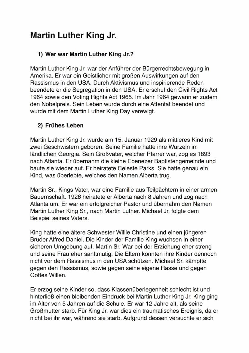 Martin Luther King Jr.
1) Wer war Martin Luther King Jr.?
Martin Luther King Jr. war der Anführer der Bürgerrechtsbewegung in
Amerika. Er wa