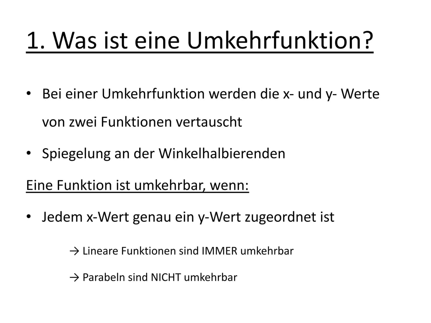
<h2 id="umkehrfunktionen">Umkehrfunktionen</h2>
<p>Eine Umkehrfunktion entsteht durch eine Spiegelung der "Originalfunktion" an der Winkelh