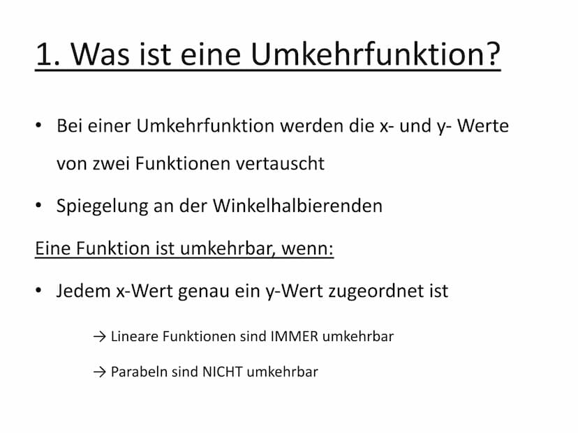
<h2 id="umkehrfunktionen">Umkehrfunktionen</h2>
<p>Eine Umkehrfunktion entsteht durch eine Spiegelung der "Originalfunktion" an der Winkelh