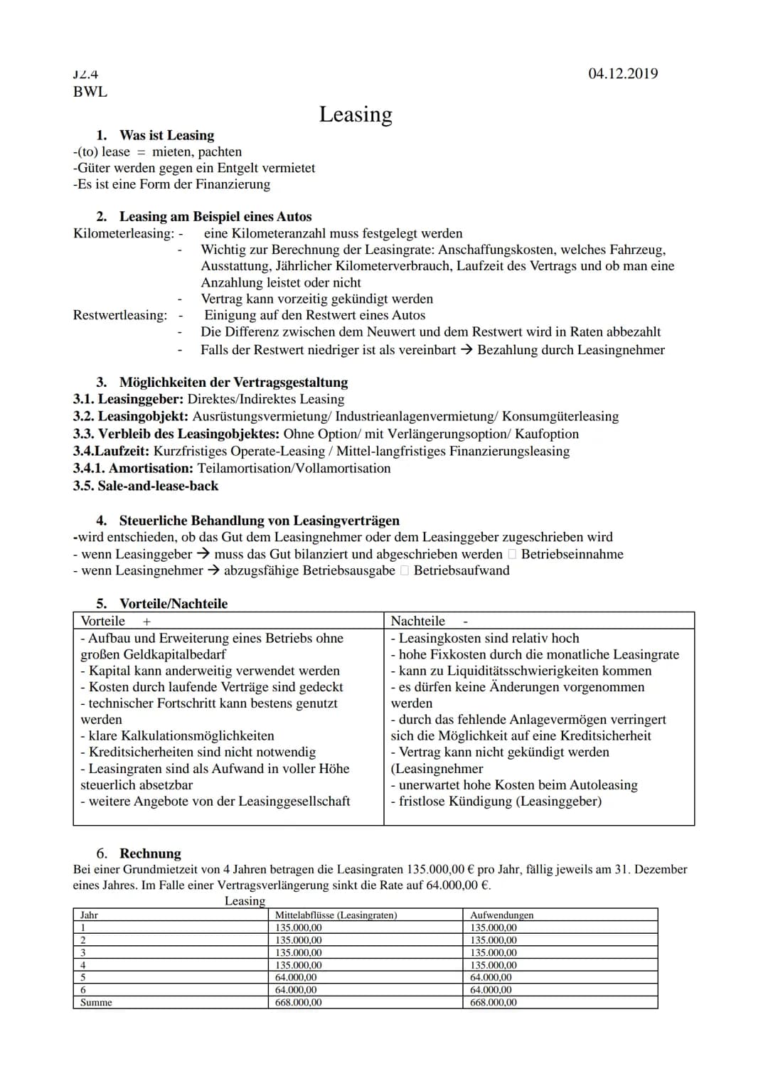 Leasing
Von: ... J2.4
BWL
1. Was ist Leasing
mieten, pachten
-(to) lease
-Güter werden gegen ein Entgelt vermietet
-Es ist eine Form der Fin