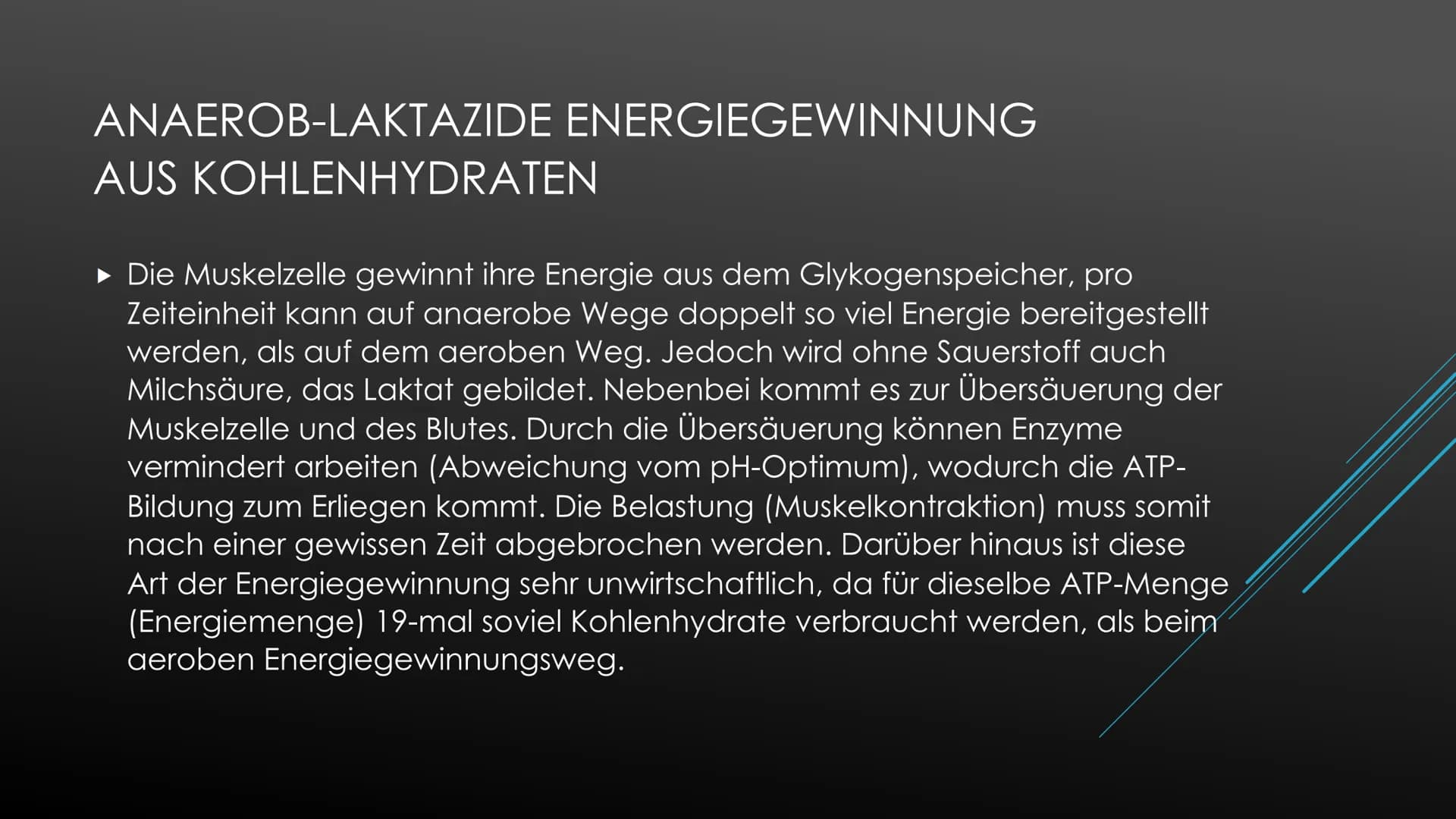 Energiegewinnungswege
Anaerob-alaktazide Energiegewinnung:
Jede Muskelzelle des Körpers verfügt über einen kleinen Vorrat an energiereichen 