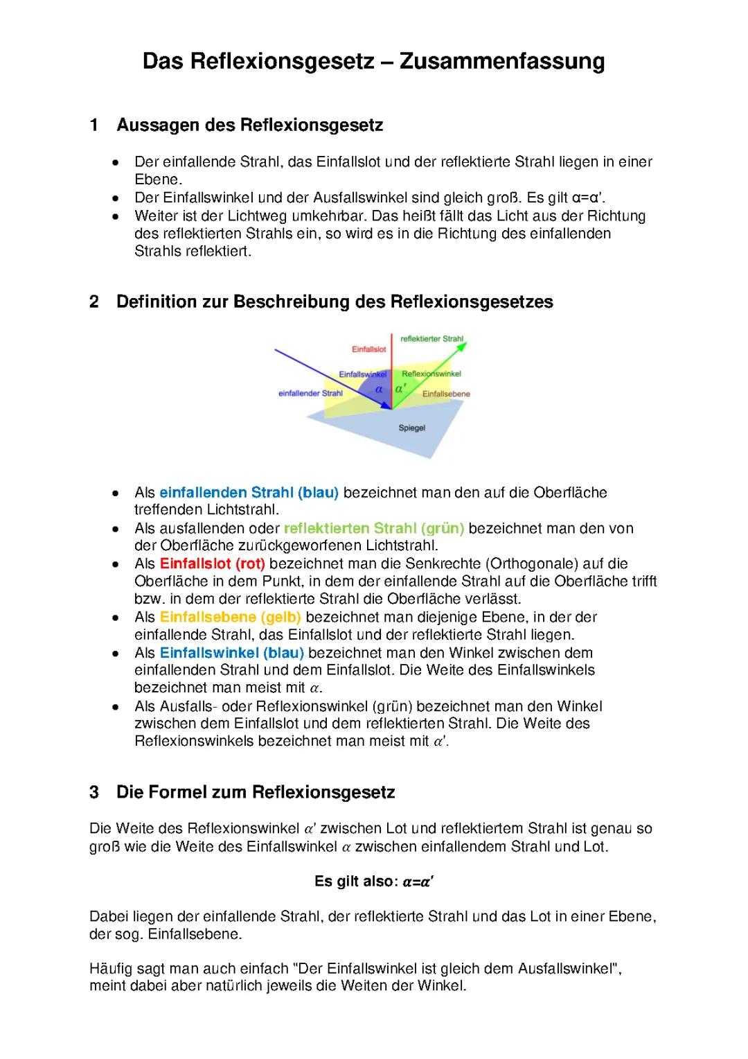 Reflexionsgesetz einfach erklärt für Kinder - Arbeitsblatt mit Lösungen