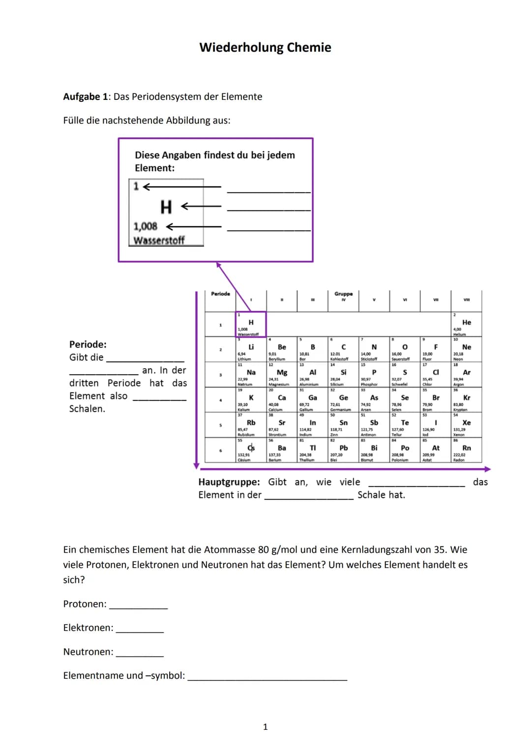 Aufgabe 1: Das Periodensystem der Elemente
Fülle die nachstehende Abbildung aus:
Diese Angaben findest du bei jedem
Element:
1←
H
Wiederholu