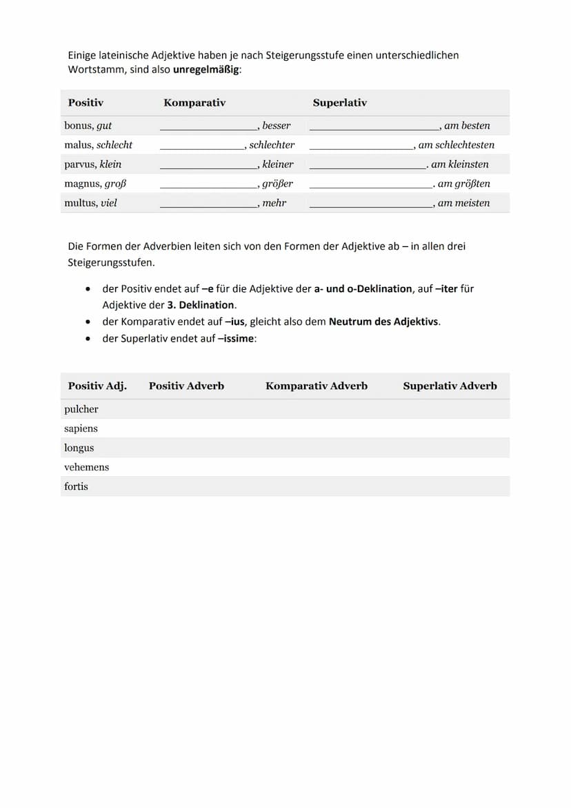 Im Lateinischen gibt es, wie im Deutschen:
●
Steigerung von Adjektiven und Adverbien - Lösung
●
Grundstufe (Positiv) - geht nach der a-/o- o