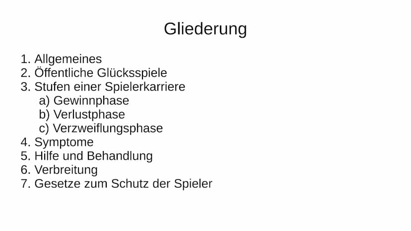 Spielsucht
Pathologisches Spielen Spielsucht
Pathalogisches Spielen
Gliederung
1. Allgemeines
2. Öffentliche Glücksspiele
3. Stufen einer Sp