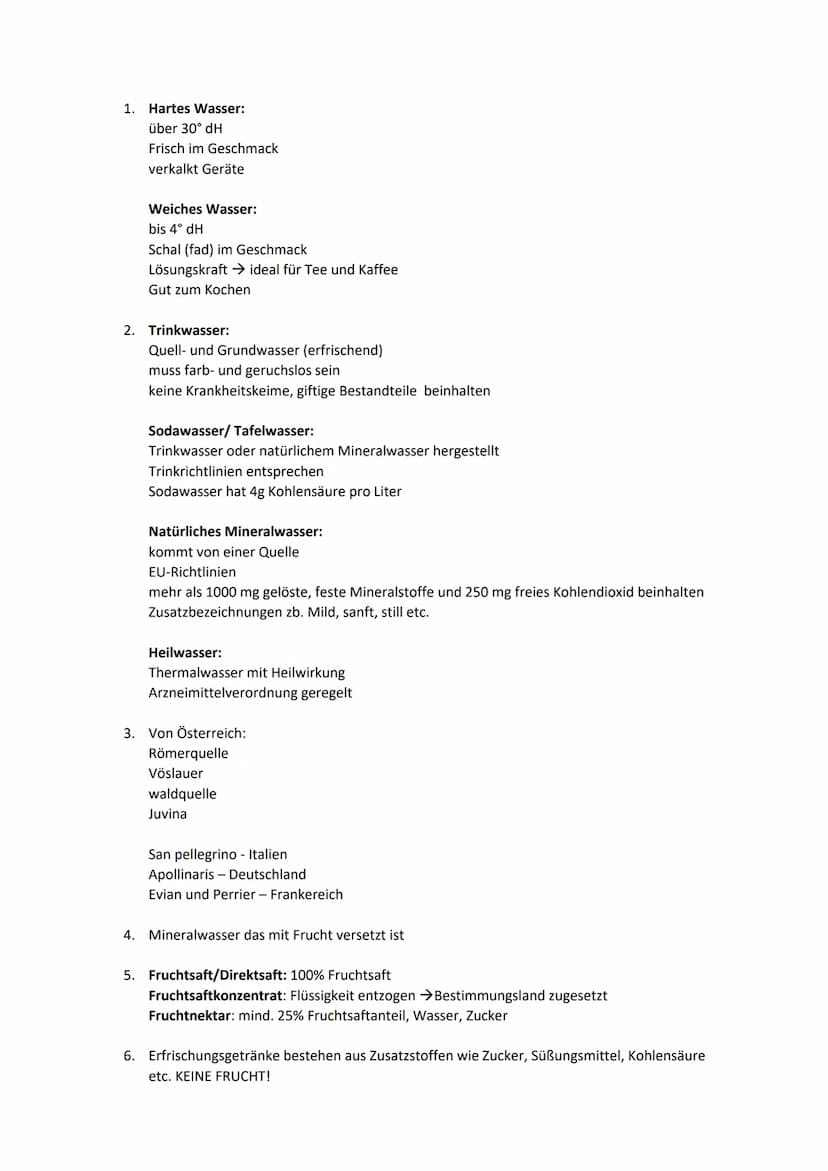 1. Hartes Wasser:
über 30° dH
Frisch im Geschmack
verkalkt Geräte
Weiches Wasser:
bis 4° dH
Schal (fad) im Geschmack
Lösungskraft ideal für 