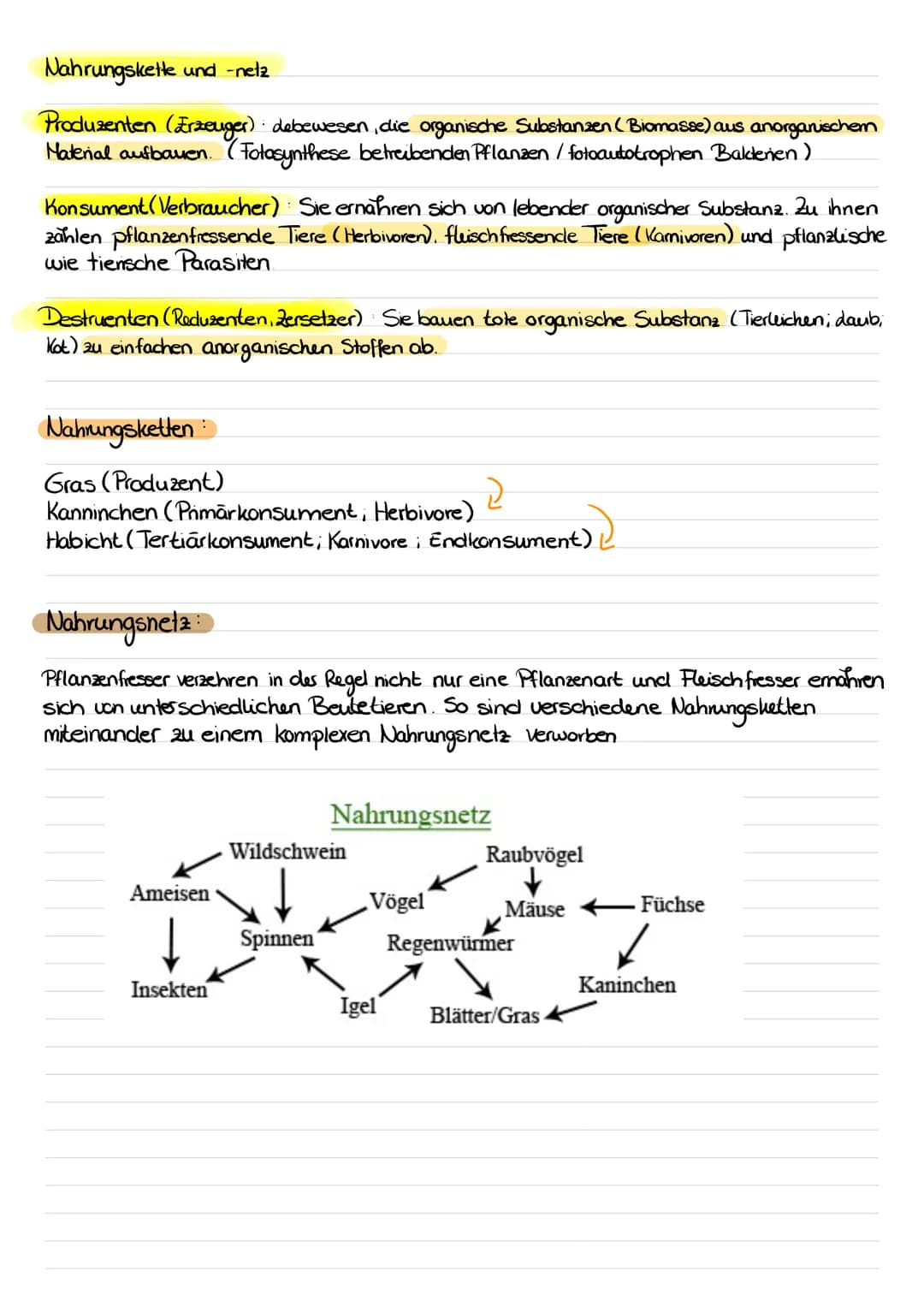 Nahrungskette und -netz
Produzenten (Frzeuger) debewesen, die organische Substanzen (Biomasse) aus anorganischem
Material aufbauen. (Fotosyn