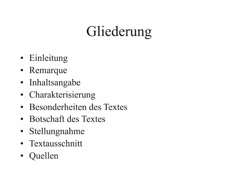 Erich Maria Remarque
,,Im Westen nichts Neues" ●
Einleitung
Remarque
Inhaltsangabe
Charakterisierung
• Besonderheiten des Textes
●
• Botscha