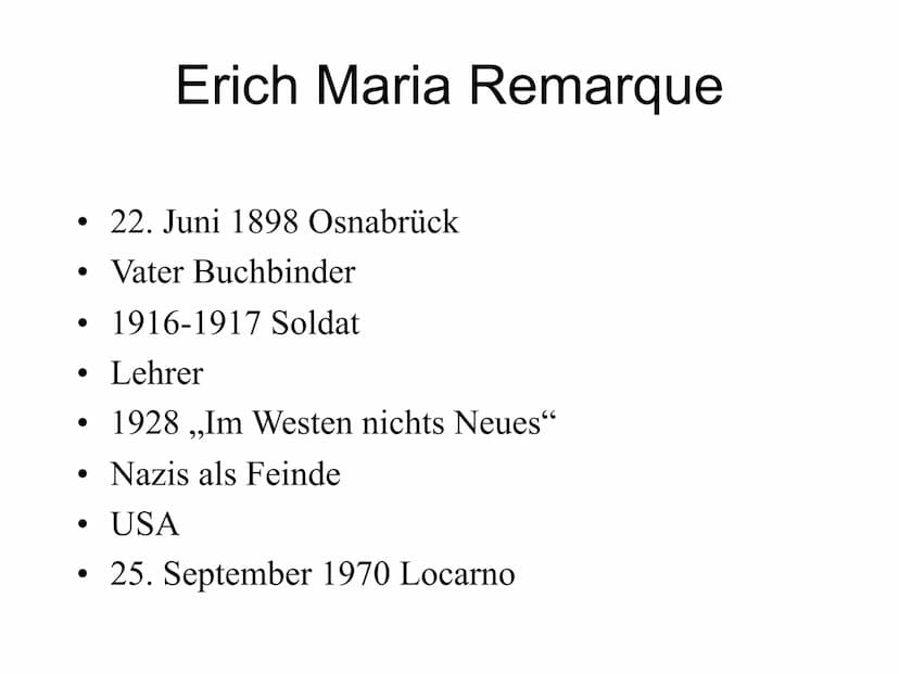 Erich Maria Remarque
,,Im Westen nichts Neues" ●
Einleitung
Remarque
Inhaltsangabe
Charakterisierung
• Besonderheiten des Textes
●
• Botscha
