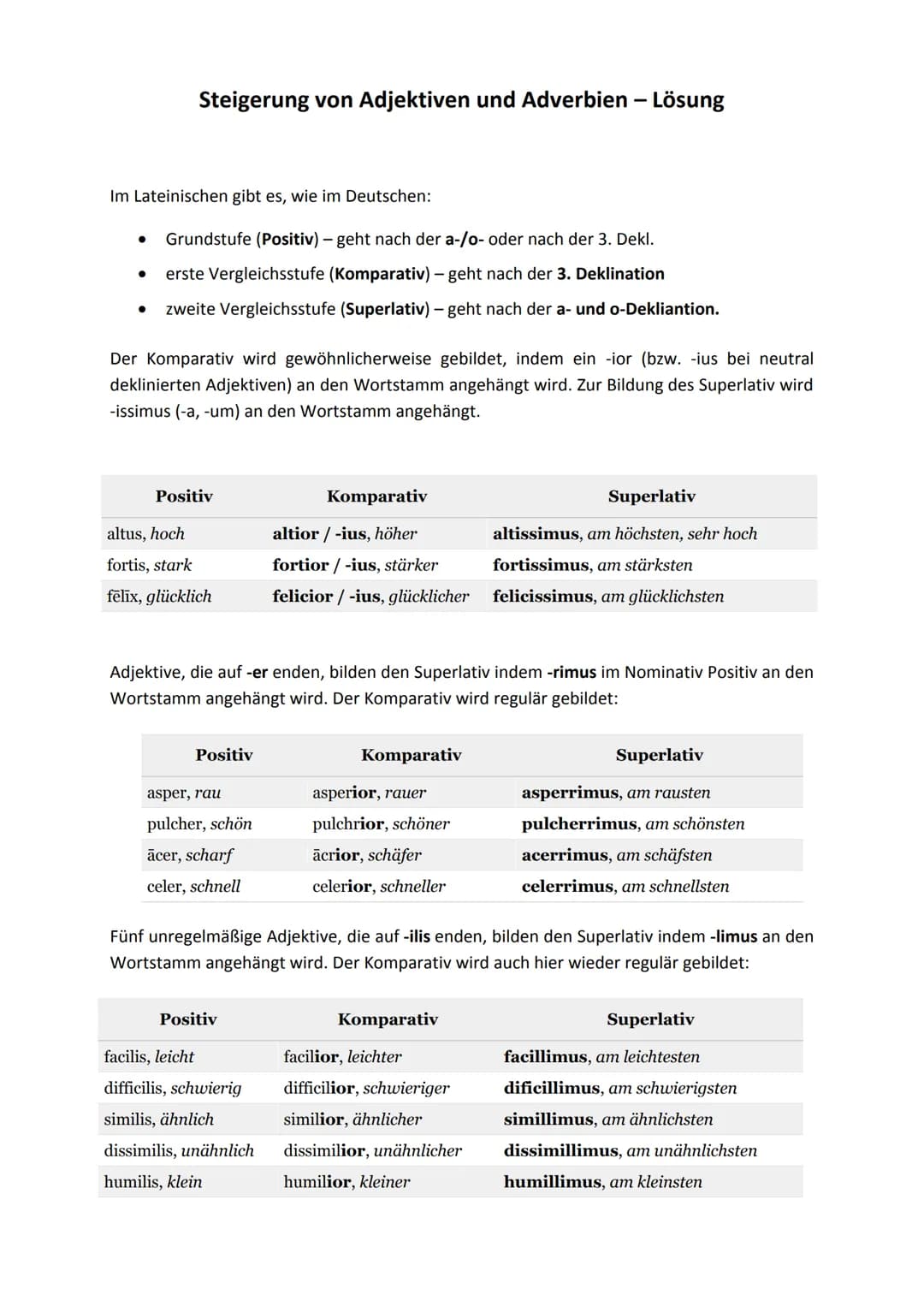 Im Lateinischen gibt es, wie im Deutschen:
●
Steigerung von Adjektiven und Adverbien - Lösung
●
Grundstufe (Positiv) - geht nach der a-/o- o