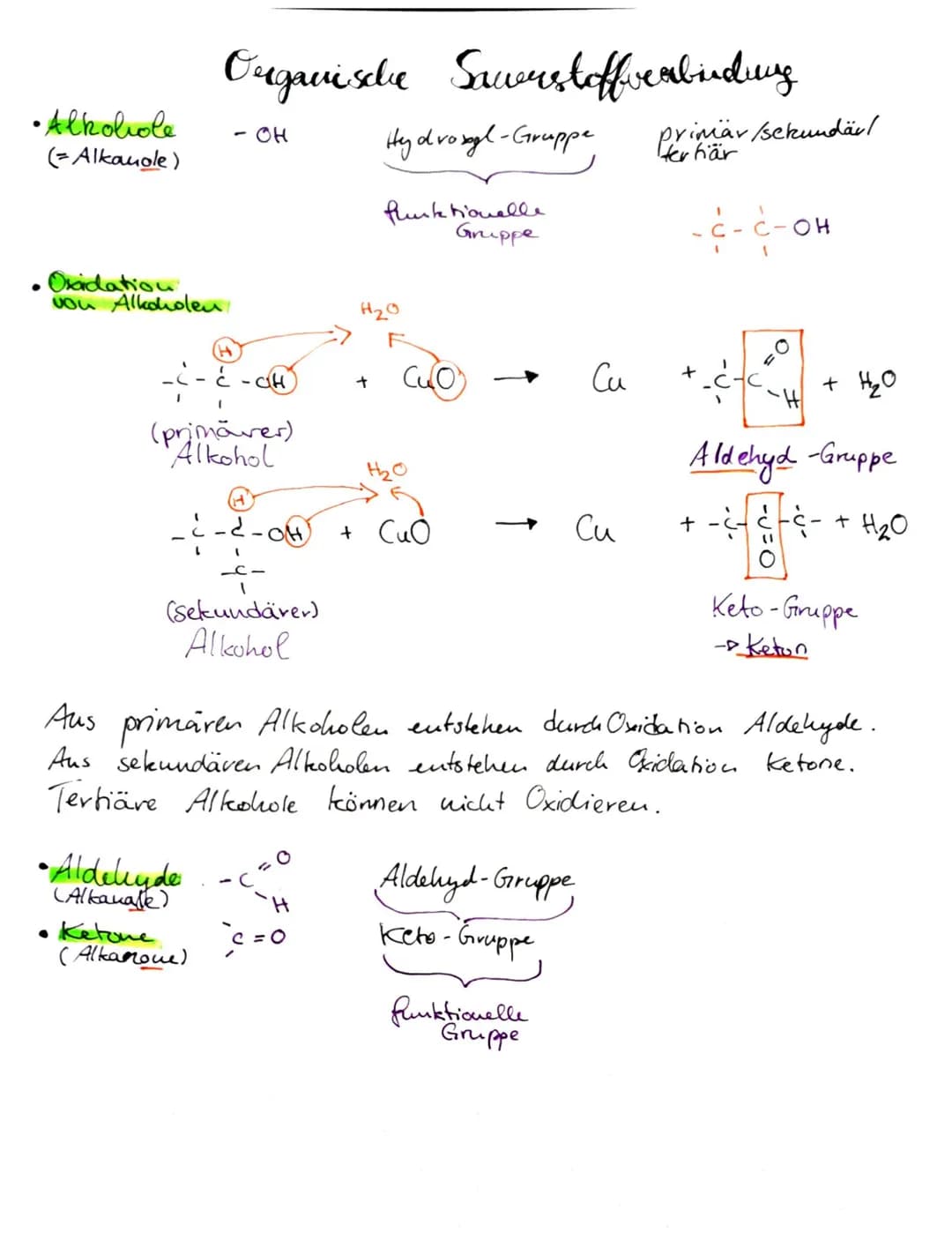 • Alkohole
(=Alkanole)
• Oxidation
von Alkoholen
Organische Sauerstoffverbinding
Ć
- OH
• Aldeliyde
• Ketone
(Alkanone)
CH
(primaver)
Alkoho