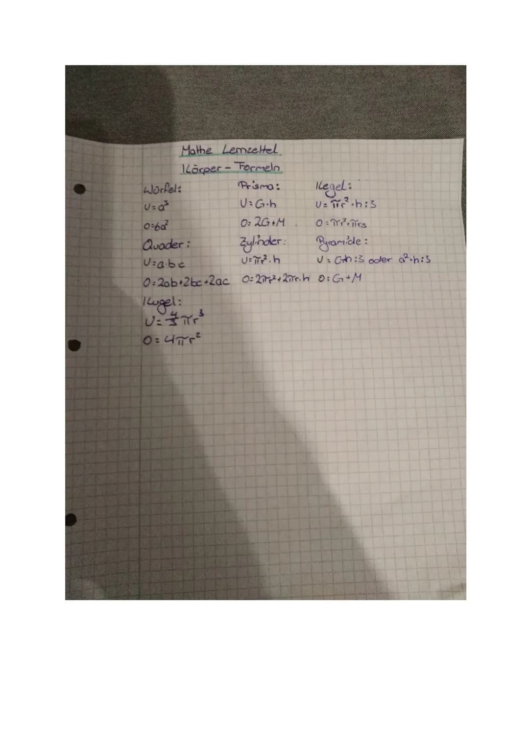 Mathe Lemzettel
KLörper-Formeln
Würfel:
U=a³
0=60²
Quader:
U=abc
0:20b+2bc+2ac
Kugel:
U=²
0=47²
Prisma:
U=G.h
O: 2G+M
Zylinder:
U= π²².h
Keg