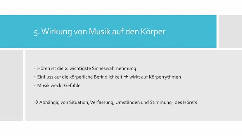 Die Macht der Musik Gliederung
Was ist Musik?
Die Musik in unserem Leben
3.
Biologische Wirkung
4. Psychische Wirkung
5. Wirkung von Musik a