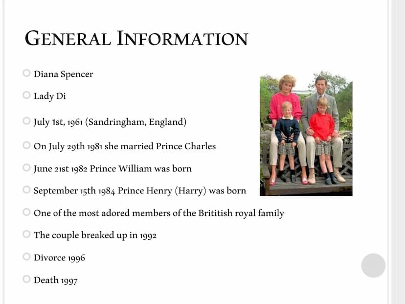 PRINCESS DIANA
About her life and her death THE OUTLINE
Intro
General Information
About her life
Marriage
Divorce
Her death "They say it is 