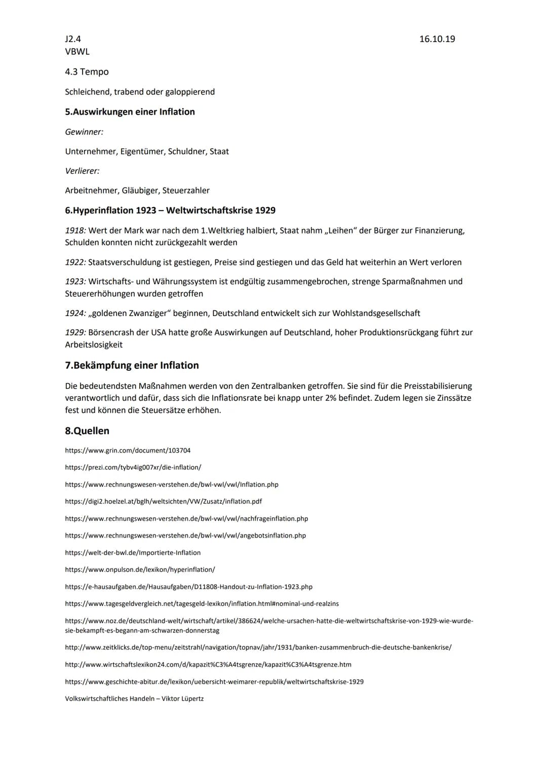 J2.4
VBWL
Inflation
1.Definition
Lat. ,,inflare" = aufblähen
Man spricht von einer ,,Inflation", wenn das allgemeine Preisniveau steigt, die