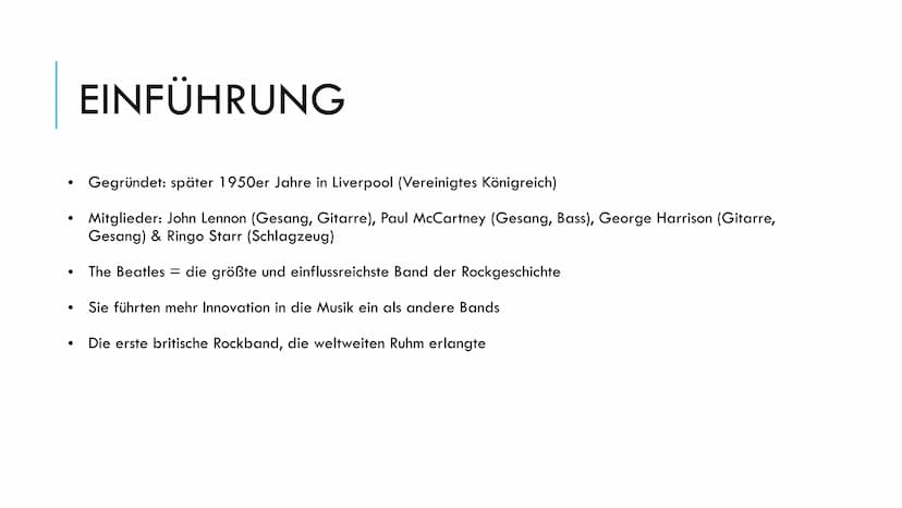
<p>Die Beatles wurden in den späten 1950er Jahren in Liverpool, Vereinigten Königreich, gegründet. Die Mitglieder waren John Lennon, Paul M