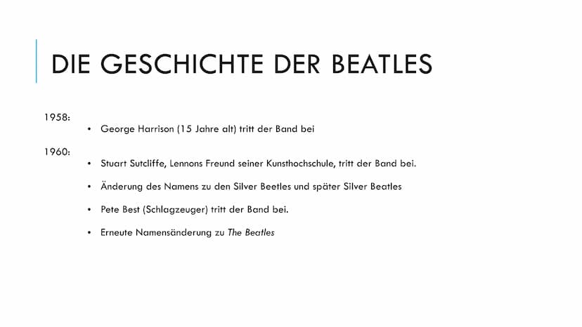 
<p>Die Beatles wurden in den späten 1950er Jahren in Liverpool, Vereinigten Königreich, gegründet. Die Mitglieder waren John Lennon, Paul M