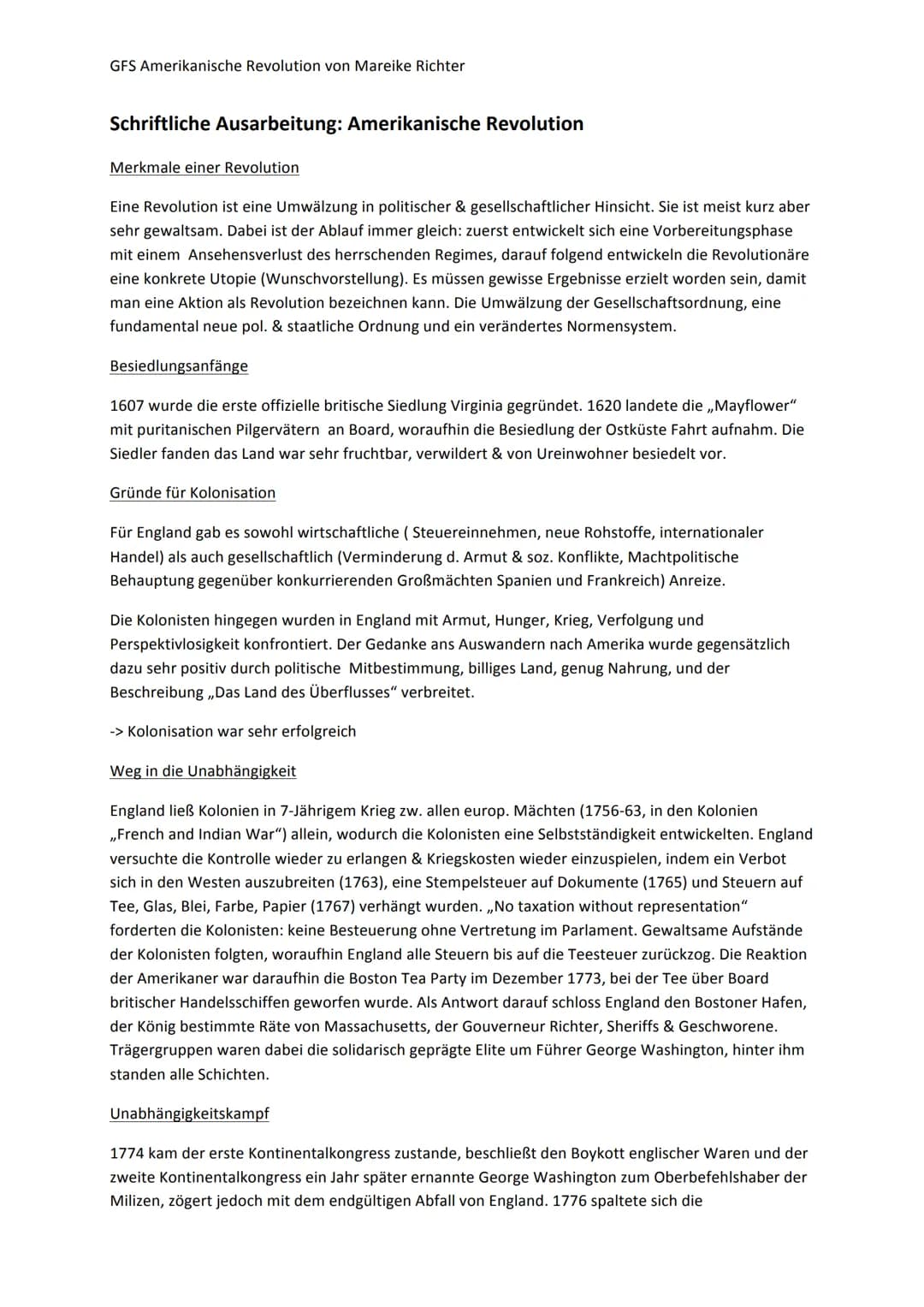 GFS Amerikanische Revolution von Mareike Richter
Handout Amerikanische Revolution
Gründe für Kolonisation
England: Steuereinnehmen, neue Roh