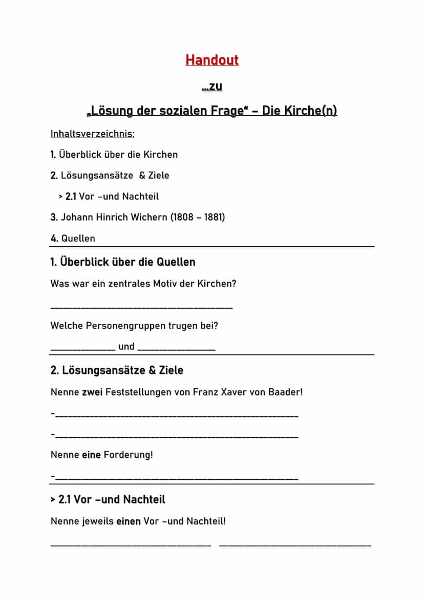 Handout
...zu
„Lösung der sozialen Frage“ – Die Kirche(n)
Inhaltsverzeichnis:
1. Überblick über die Kirchen
2. Lösungsansätze & Ziele
> 2.1 