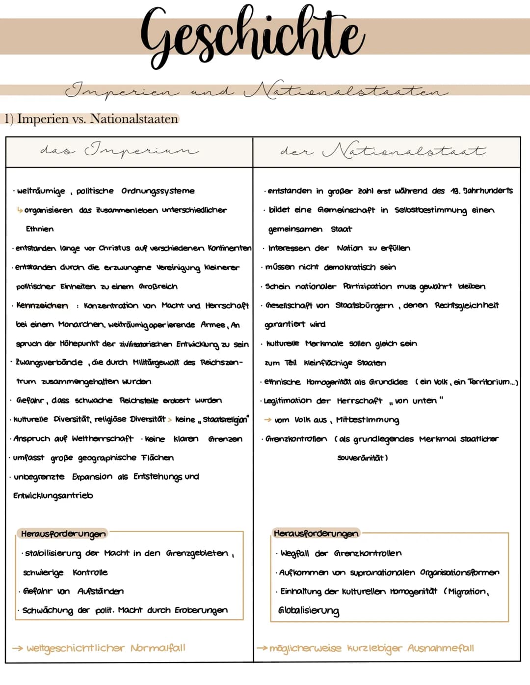 Geschichte
d Nationa
Imperien
1) Imperien vs. Nationalstaaten
das Imperium
• weiträumige, politische Ordnungssysteme
↳organisieren das Zusam