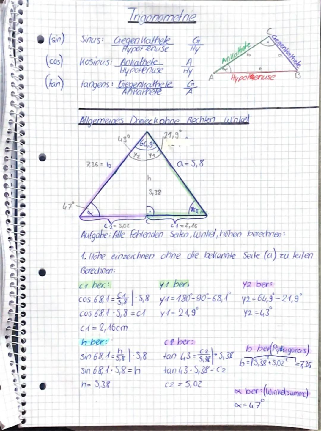 # Triganometne

(sin) Sinus: Gegen Kathele $\frac{G}{Hy}$

(cos) Kosinus: Ankathete $\frac{A}{Hy}$

(tan) tangens: Dregeniculthele $\frac{G}