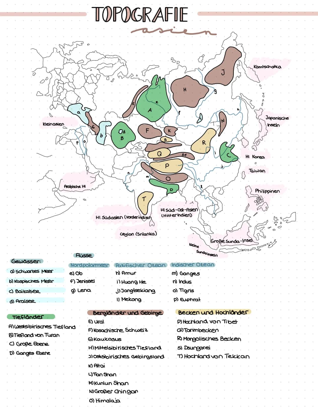 Kleinasien
Gewässer:
a) Schwarzes Meer
b) Kaspisches Meer
c) Baikalsee
d) Aralsee
Arabische HI
TOPOGRAFIE
Flüsse
Nordpolarmeer
e) Ob
F) Jeni