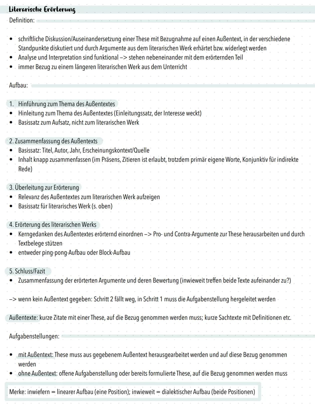 Literarische Erörterung
Definition:
●
Aufbau:
1. Hinführung zum Thema des Außentextes
●
Hinleitung zum Thema des Außentextes (Einleitungssat