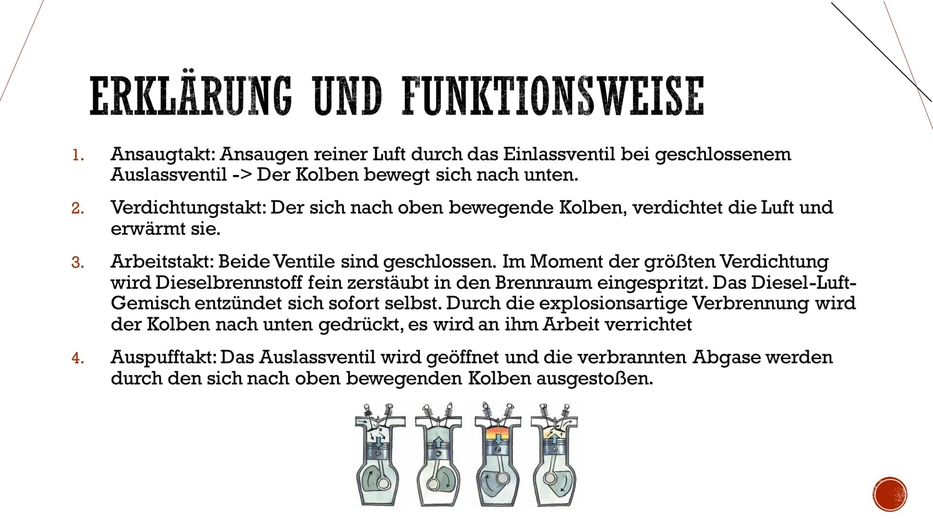 4-TAKT DIESELMOTOR
1. Taft
E
3. Taft
TIT
2. Taft
4. Taft
A
Engine
CEN 1.
2. Verdichtungstakt: Der sich nach oben bewegende Kolben, verdichte